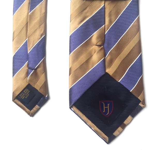 HENRY JACOBSON Silk Tie Caramel Brown and Blue Stripes - Picture 4 of 6